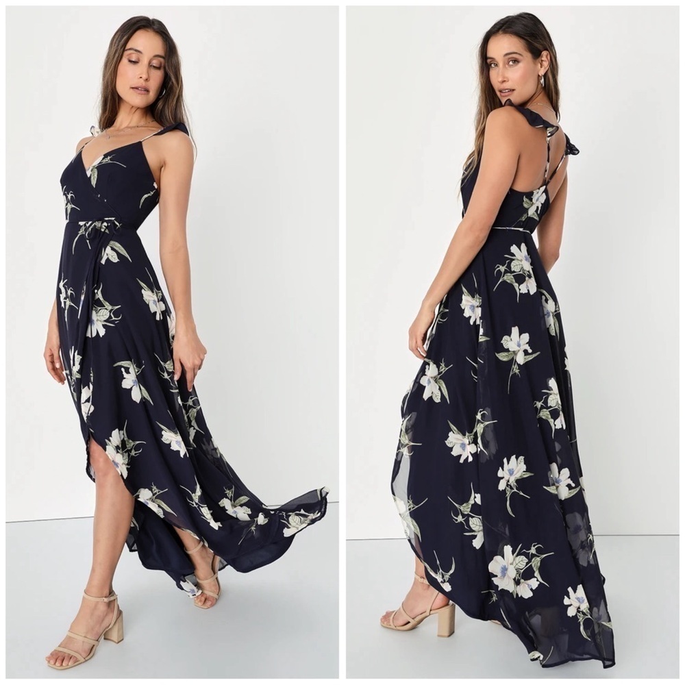 Lulus All Mine Navy Blue Floral Print High-Low Wrap Dress
